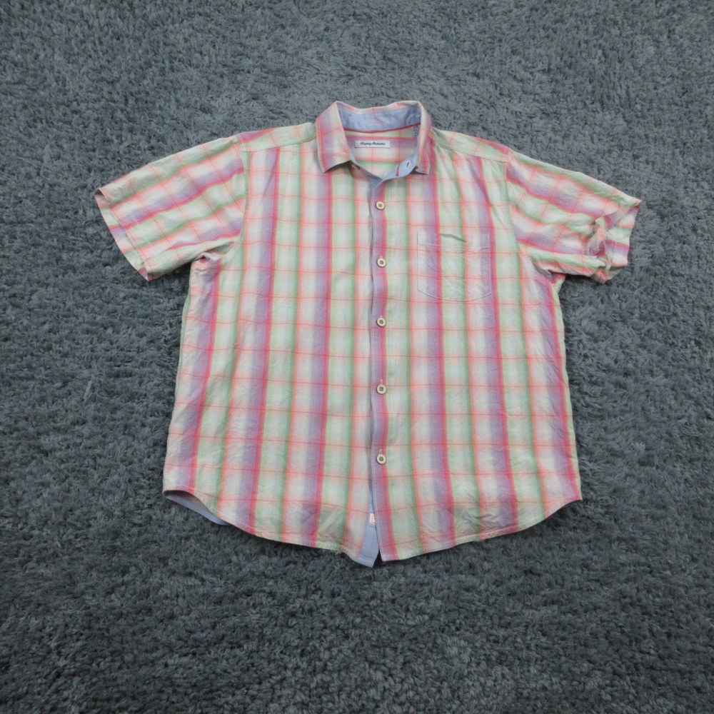 Tommy Bahama Shirt Mens Large Multicolor Plaid 100% Silk Short Sleeve Casual